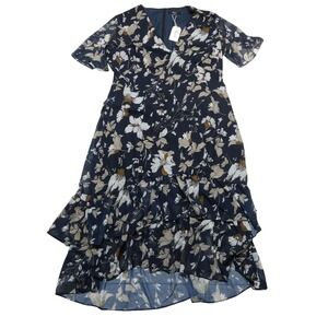ShallWe Dress Womens 2XL Blue Floral Chiffon Hi-Low Ruffle Hem Short Sleeve